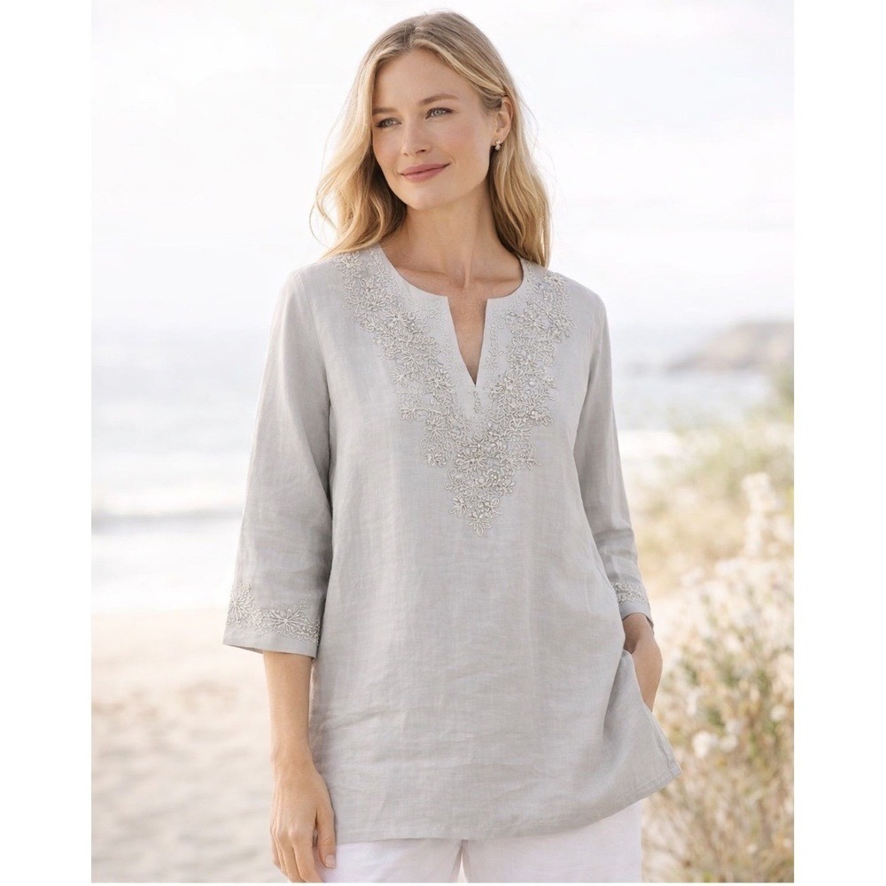 Women's Large Neutral Linen‎ Embroidered Tunic Top Coastal Resortwear
